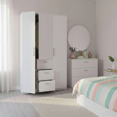 Habitdesign Armario Ropero 3 Puertas y 3 cajones, 203x117x52 (AltoxAnchoxFondo - en Cm), con Barra Colgadora y Estantes, Color Blanco Brillo