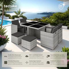 tectake Lounge Möbel Set 4X Stühle, 4X Hocker, 1x Tisch, platzsparende Cube Aufbewahrung, Outdoor Rattan Gartenmöbel für Balkon, Garten und Terrasse,