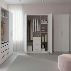 Habitdesign Armario Ropero 3 Puertas y 3 cajones, 203x117x52 (AltoxAnchoxFondo - en Cm), con Barra Colgadora y Estantes, Color Blanco Brillo