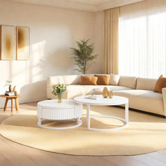 2er Set Couchtisch Rund Weiss 50+70cm Wohnzimmertisch Weiß Runder Couchtisch Mit Stauraum Marmor Beistelltisch Stabilem Metallgestel Satztische Fürs