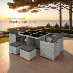 tectake Lounge Möbel Set 4X Stühle, 4X Hocker, 1x Tisch, platzsparende Cube Aufbewahrung, Outdoor Rattan Gartenmöbel für Balkon, Garten und Terrasse,