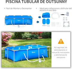 Outsunny Piscina Desmontable Tubular 252x152x65 cm con Depuradora de Cartucho 1200L/H Piscina Rectangular de Exterior para Adultos y Niños 2163L Azul