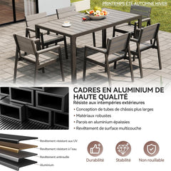 Devoko HDPS Conjunto de jardín de exterior de 7 piezas, resistente a la intemperie,con mesa de 150 cm y 6 sillas de jardín de exterior de aluminio,
