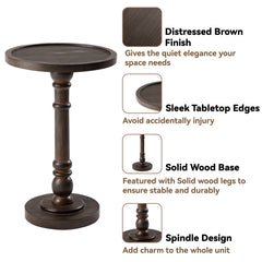 Small Pedestal End Table with Tray Top, Farmhouse Distressed Finish Accent Table