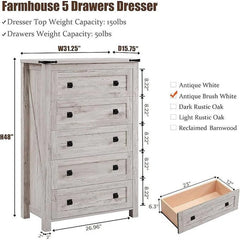 48 Inch Tall Farmhouse Wood Dresser, 5 Drawer Chest of Drawers for Bedroom