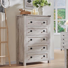 48 Inch Tall Farmhouse Wood Dresser, 5 Drawer Chest of Drawers for Bedroom