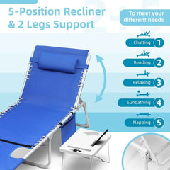 3-in-1 Outdoor Sun Tanning Lounge Chair with Face Hole �� 5-Position Recliner, Folding Side Table & Removable Pillow, 330lbs Capacity, Blue
