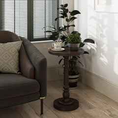 Small Pedestal End Table with Tray Top, Farmhouse Distressed Finish Accent Table