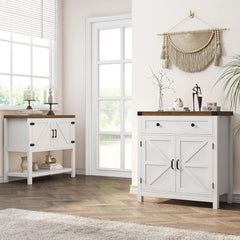 Coffee Bar Cabinet, Kitchen Storage Cabinet, Modern Farmhouse Buffet Sideboard with Drawer and Adjustable Shelf, Barn Door Accent Cabinets for Kitchen, Dining Room, Entryway, White