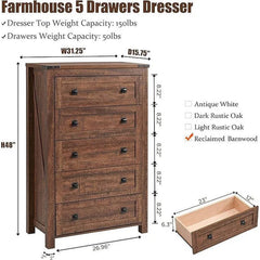 48 Inch Tall Farmhouse Wood Dresser, 5 Drawer Chest of Drawers for Bedroom
