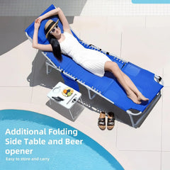3-in-1 Outdoor Sun Tanning Lounge Chair with Face Hole �� 5-Position Recliner, Folding Side Table & Removable Pillow, 330lbs Capacity, Blue