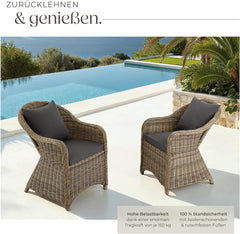 tectake Alu Polyrattan Gartenstuhl 2er Set, Gartenmöbel Set mit 2 Sessel, wetterfest, Rattan Gartensessel mit weichen Sitzpolster, abziehbarer und