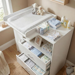 ecomi Cómoda Cambiador para bebé en Madera con Plan de Cambiar, 3 cajones, 1 puerta, Altura 100 cm, Color Blanco, Dimensiones 113x100 cm, tiradores