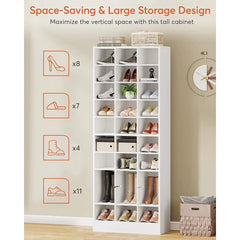 10-Tier Tall Shoe Cabinet, 30-Pair White Wood Shoe Storage Rack for Entryway and Closet