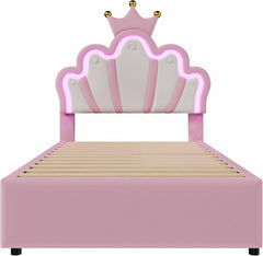 Kinderbett Polsterbett 90x200, Kronenförmiges Prinzessinnenbett, Einzelbett mit LED und 2 Schubladen, Bettgestell für Mädchen, mit Verstellbares