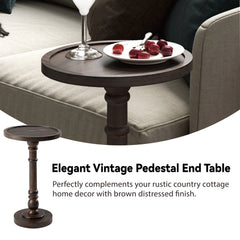 Small Pedestal End Table with Tray Top, Farmhouse Distressed Finish Accent Table