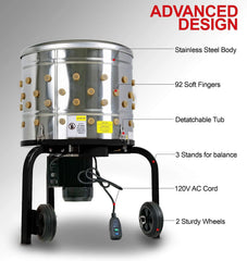 1 HP Electric Chicken Plucker, Stainless Steel, 120VAC, 280 RPM, 20-Inch Drum, 92 Soft Fingers