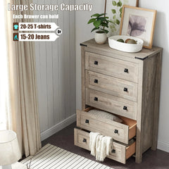 48 Inch Tall Farmhouse Wood Dresser, 5 Drawer Chest of Drawers for Bedroom