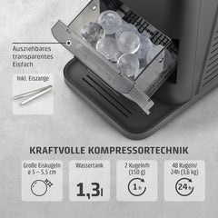 CASO IceBall Pro Eiskugelbereiter mit Kompressor - Kristallklare Eiskugeln 50-55 mm, 2 Kugeln/Stunde, 1,3 l Wassertank, Selbstreinigung, LED-Anzeige,