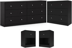 3-Pc Scandinavian Design Engineered Wood Bedroom Furniture Set with 3-Drawer Chest & 6-Drawer Double Dresser & 1-Drawer Nightstand, Pewter Plastic Handles, Smooth Plastic Glides, in Black
