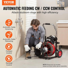 550W Drain Cleaning Machine, 100-Ft. x 1/2-Inch Sewer Snake Auger with 8 Cutters, Wheels and Foot Switch, for 2-4-Inch Pipes