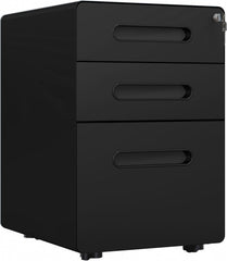 3 Drawer Vertical Filing Cabinet with Lock and Wheels, Under Desk Mobile File Cabinet for Legal, A4, Letter Size, Steel Frame for Home Office, Black