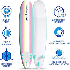 8ft Soft Top Foam Surfboard – EPS Core with 3 Stringers, Wax-Free Longboard, 200lb Capacity