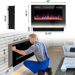 30-72 Inch Ultra-Thin Electric Fireplace, Linear Recessed Wall Mounted Fireplace with Remote Control