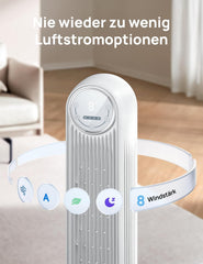Dreo Smart 20dB Leiser Turmventilator, 10 m Wurfweite 4 Geschwindigstufen 4 Modi 8 Std. Timer 90° oszillierende Ventilator mit Kühlung WLAN &
