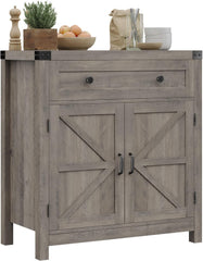 Coffee Bar Cabinet, Kitchen Storage Cabinet, Modern Farmhouse Buffet Sideboard with Drawer and Adjustable Shelf, Barn Door Accent Cabinets for Kitchen, Dining Room, Entryway, White