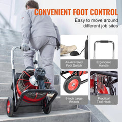 550W Drain Cleaning Machine, 100-Ft. x 1/2-Inch Sewer Snake Auger with 8 Cutters, Wheels and Foot Switch, for 2-4-Inch Pipes