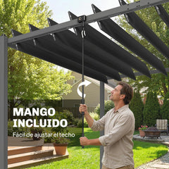 Outsunny Pérgola de Jardín 3x5,7 m, Cenador de Jardín con Techo de Lamas Ajustable a 90°, Manivela, Estructura de Aluminio, Protección UPF50+,