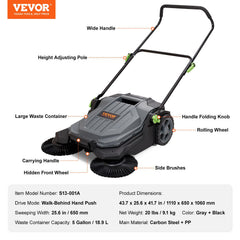 Walk-Behind Hand Push Floor Sweeper, 5-Gallon Waste Container, Manual Outdoor Sweeping Machine