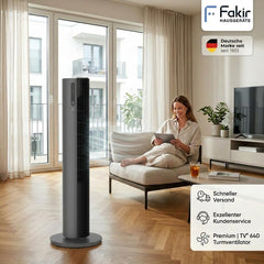Fakir premium TV° 640 Turmventilator - Leiser Lüfter mit 32dB(A), DC-Motor, 12 Stufen, 12h Timer, LED-Display, Fernbedienung & 90° Oszillation,