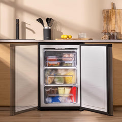 Cecotec Congelador Vertical Sobremesa 97 L Bolero CoolMarket TF 97 Inox, Clase Energética E, Diseño compacto, Puerta reversible, 3 Cajones, Medidas