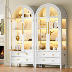 LVSOMT Gewölbte Glasvitrine mit LED Beleuchtung, 180cm Vitrinenschrank mit Glastüren, Bogen Vitrine mit 4 Display Regale und 2 Schubladen, 3 Farbe