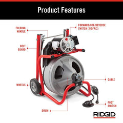 120V Drum Drain Cleaning Snake Auger with 3/8-In. x 75-Ft. Cable, 4-Piece Tool Set and Gloves