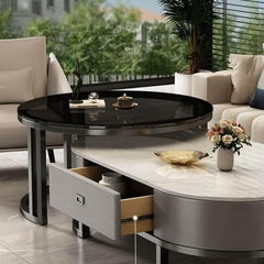 Ovaler Couchtisch aus Stein, 2er-Set, Wohnzimmer-Mitteltisch mit Schublade, Beistelltisch aus Glas, Schwarz/Grau – Grau, (99,9 cm L x 49,9 cm B x 40,6