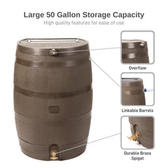 50 Gallon Rain Barrel with Brass Spigot, Large Outdoor Rainwater Collection and Storage Container for Garden