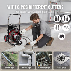 550W Drain Cleaning Machine, 100-Ft. x 1/2-Inch Sewer Snake Auger with 8 Cutters, Wheels and Foot Switch, for 2-4-Inch Pipes