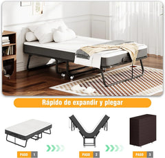 Cama Plegable de 120 cm con Colchón de 13cm (Viscoelástica), Somier Reforzado de Metal con 4 Ruedas y Funda Antipolvo, Cama Supletoria de Invitados