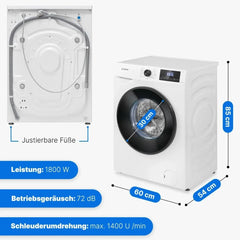 Bomann Waschmaschine 8kg | max. 1400 U/min | 10 Jahre Motor-Garantie | robuster, leiser & langlebiger Invertermotor | 15 Waschprogramme | LED-Display