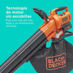 BLACK+DECKER Sopladora, aspiradora y trituradora de Hojas sin Cable de 36v, con Bolsa de recolección de 45L y batería de Litio de 2.5Ah, BCBLV3625L1-