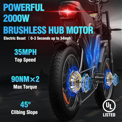 2000W 52V All-Terrain Fat Tire Electric Bike for Adults, 30-180 Mile Range