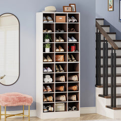 10-Tier Tall Shoe Cabinet, 30-Pair White Wood Shoe Storage Rack for Entryway and Closet