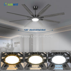 Airwit 183cm Deckenventilator mit Beleuchtung Extra Groß, Verbundholz Outdoor Leise Deckenventilator mit Licht und Fernbedienung, Lampe mit Ventilator