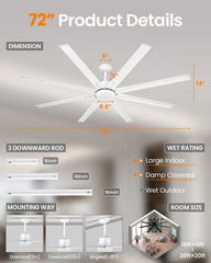183cm Extra Grande 8 Aspas de Aluminio Ventilador de Techo con Luz y Mando, Silencioso Lampara Ventilador Techo con Reversible Motor DC para Exterior