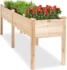 72x23x30in Raised Garden Bed, Elevated Wood Planter Box Stand for Backyard, Patio, Balcony w/Divider Panel, 6 Legs, 300lb Capacity - Natural