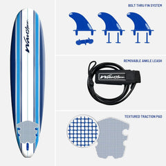 8ft Soft Top Foam Surfboard – EPS Core with 3 Stringers, Wax-Free Longboard, 200lb Capacity