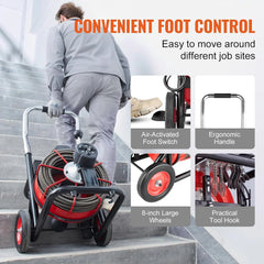 550W Drain Cleaning Machine, 100-Ft. x 1/2-Inch Sewer Snake Auger with 8 Cutters, Wheels and Foot Switch, for 2-4-Inch Pipes
